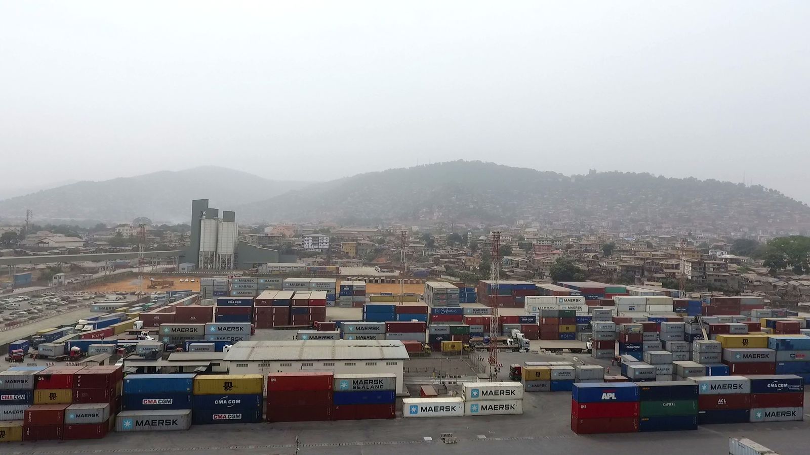 The container yard with Freetown’s hills behind